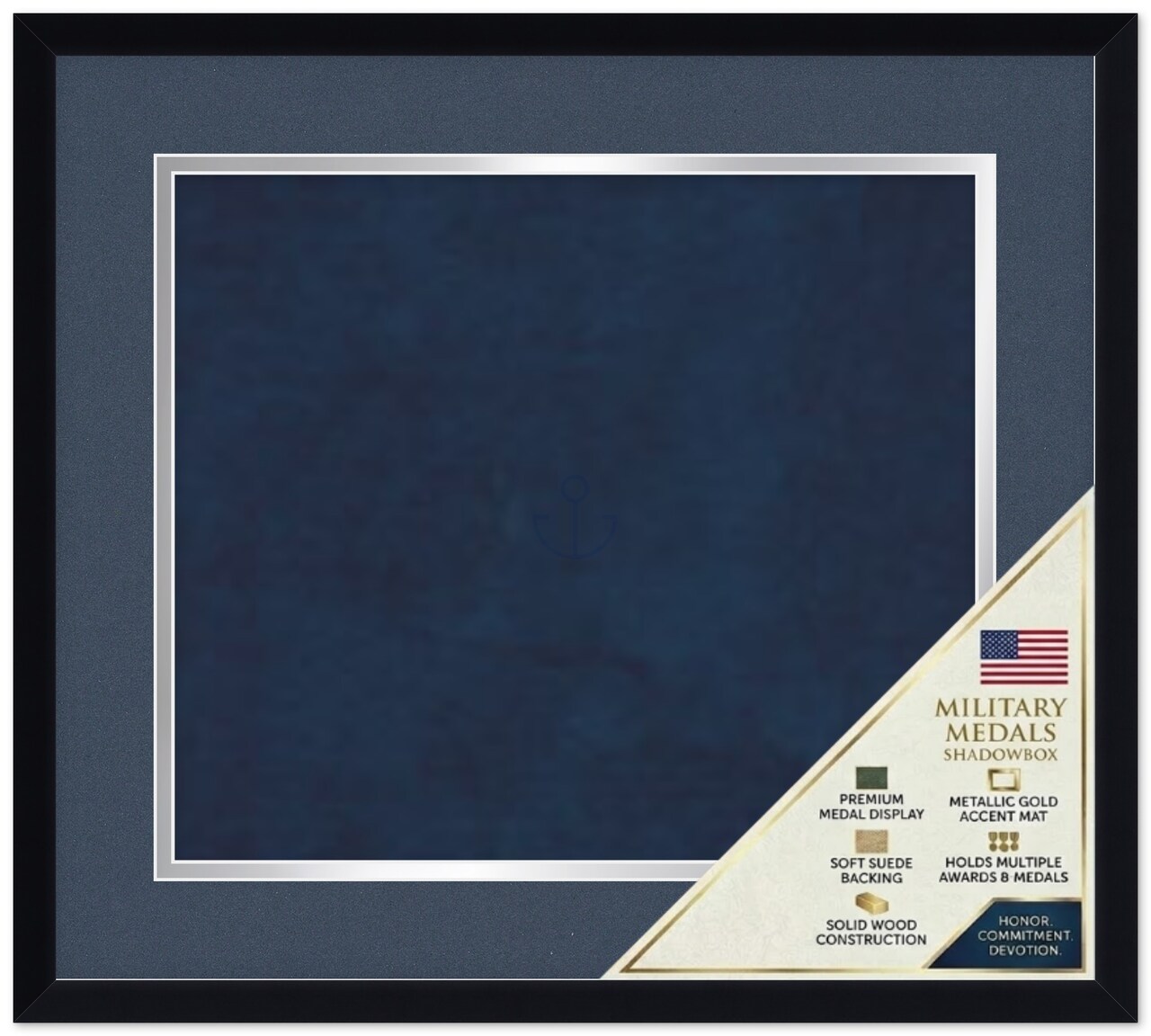 CustomPictureFrames.com Solid Wood Military Shadowbox - Navy and Silver Mat - Compact - Multiple Frame Colors - Medals Ribbons Insignia Made in the USA
